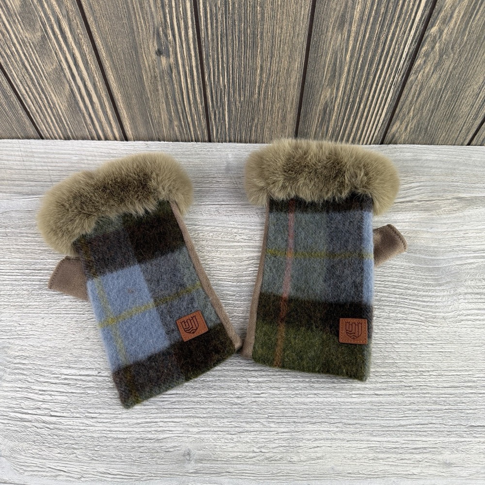 Islander Lambswool Tartan Fingerless Mittens Faux Fur Chestnut Blue Plaid Women